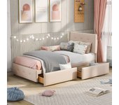 Cama tapizada de 90 x 200 cm con somier, respaldo y dos cajones, tejido de terciopelo agradable para la piel, cama individual plana beige