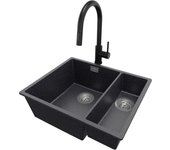 Primagran fregadero granito grafito 56x47cm, fregadero cocina 1,5 senos + sifón + accesorios, fregadero sobre encimera al mueble 60cm