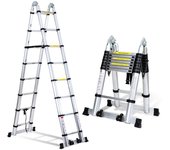 Escalera telescópica escalera plegable escalera de aluminio escalera de tijera sin ganchos con estabilizador con ruedas 2,5m+2,5m plata