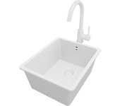 Primagran fregadero granito todo blanco 36x44cm, fregadero cocina 1 seno + sifón + accesorios, fregadero sobre encimera al mueble 40cm