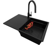Primagran fregadero granito todo negro 78x50cm, fregadero cocina 1 seno + sifón + accesorios, fregadero sobre encimera al mueble 50cm - san francisco