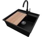 Primagran fregadero bajo encimera negro 56x53cm, fregadero granito 1 seno + sifón + accesorios, fregadero cocina al mueble 60cm - bergen