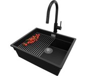 Primagran fregadero granito negro metallic 56x47cm, fregadero cocina 1 seno + sifón + accesorios, fregadero sobre encimera al mueble 60cm