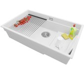 Primagran fregadero cocina blanco 76x47cm, fregadero granito 1 seno + sifón + accesorios, fregadero sobre encimera al mueble 80cm - prague slim