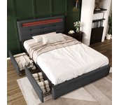 Cama acolchada individual 90 x 200 cm con led y 2 cajones - cabecero ajustable - somier de lamas de madera - gris - sin colchón