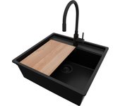 Primagran fregadero bajo encimera todo negro 56x53cm, fregadero granito 1 seno + sifón + accesorios, fregadero cocina al mueble 60cm - bergen