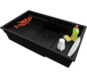 Primagran fregadero bajo encimera todo negro 76x47cm, fregadero cocina 1 seno + sifón + accesorios, fregadero granito al mueble 80cm - prague