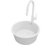 Primagran fregadero granito circular todo blanco 46x46cm, fregadero cocina 1 seno + sifón + accesorios, fregadero sobre encimera al mueble 50cm