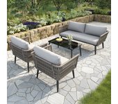 Conjunto de salón de jardín, conjunto de muebles de jardín con cómodos cojines, sofá de 2 plazas, 2 sillones y mesa de centro, color gris