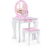 Costway tocador de maquillaje con taburete y espejo para niña mesa de maquillaje con cajón tocador princesa de madera para niñas de 3-7 años, tocador