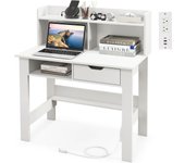 Escritorio para computadora con tomas de corriente, puertos usb y tipo c, estante superior, compartimentos abiertos y cajón, para estudio, dormitorio