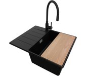 Primagran fregadero granito negro 62x50cm, fregadero cocina 1 seno + sifón + accesorios, fregadero sobre encimera al mueble 45cm - copenhague