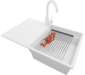 Primagran fregadero granito todo blanco 78x50cm, fregadero cocina 1 seno + sifón + accesorios, fregadero sobre encimera al mueble 50cm