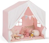 Tienda de campaña infantil con estructura de madera, casa de juegos infantil multifuncional con banderola, cortina grande y 2 ventanas, tienda de