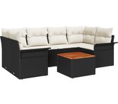 Juego de sofás de jardín de 7 piezas con cojines negro poly ratán acacia, sofá de jardín de 2 plazas con almacenamiento y cojines negro poly ratán