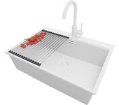 Primagran fregadero granito todo blanco 68x50cm, fregadero cocina 1 seno + sifón + accesorios, fregadero sobre encimera al mueble 70cm - oslo
