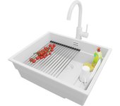 Primagran fregadero granito todo blanco 56x47cm, fregadero cocina 1 seno + sifón + accesorios, fregadero sobre encimera al mueble 60cm - prague slim