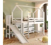 Cama alta infantil 90x200 cm - tobogán - taquilla - estantería - somier incluido - blanco (sin colchón)
