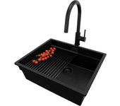 Primagran fregadero bajo encimera todo negro 56x47cm, fregadero granito 1 seno + sifón + accesorios, fregadero cocina al mueble 60cm - prague