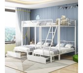 Litera triple blanca con cajones, somier metálico, convertible en una cama doble de 140 x 200 y dos camas individuales de 90 x 200