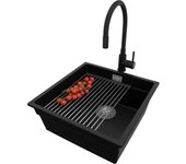 Primagran fregadero granito negro 46x47cm, fregadero cocina 1 seno + sifón + accesorios, fregadero sobre encimera al mueble 50cm - prague slim