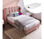 Cama individual de terciopelo tapizada rose de 90 x 200 cm con función de carga usb tipo c somier de láminas (con colchón)