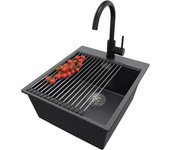 Primagran fregadero granito grafito 43x50cm, fregadero cocina 1 seno + sifón + accesorios, fregadero sobre encimera al mueble 45cm - oslo