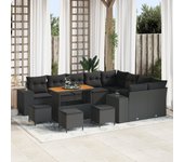 Conjunto de sofá de jardín de 13 piezas con cojines negro poliratán acacia, conjunto de comedor de jardín de 4 piezas con cojines negro poliratán acac