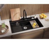 Primagran fregadero cocina negro 88x53cm, fregadero granito 1 seno + sifón + accesorios, fregadero sobre encimera al mueble 90cm - oslo pocket