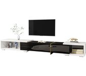 Mueble de tv moderno con longitud variable (140-260 cm), función giratoria, aspecto mármol blanco, acabado negro mate de alto brillo y decoraciones do