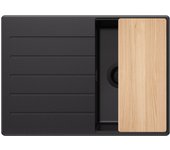 Primagran fregadero cocina todo negro 70x50cm, fregadero granito 1 seno + sifón + accesorios, fregadero sobre encimera al mueble 40cm - copenhague