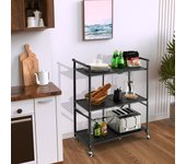 Estante de metal plegable de 3 niveles con ruedas bloqueables móvil para cocina sala garaje 72,5x33x93,5 cm negro