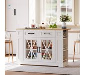 Isla de cocina portátil de 120 cm con mesa de comedor abatible, puertas de vidrio, puertos ac y usb, estantes ajustables, ruedas para cocina