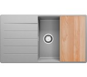 Primagran fregadero cocina gris 90x50cm, fregadero granito 1 seno + sifón + tabla de cortar, fregadero sobre encimera al mueble 60cm - copenhague