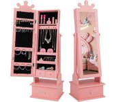 Armario de joyería infantil con espejo de longitud completa, organizador de joyas con 3 cajones y 4 estantes de almacenamiento, ganchos y ranuras rosa