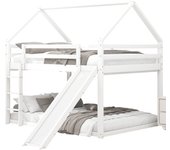Cama infantil, cama de casa, litera, con tobogán y escalera - 140x200cm, cama doble, blanco, sin colchón