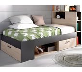 Cama con cabecero y cajón - 90 x 190 cm - natural y antracita + colchón + somier - leandre
