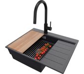 Primagran fregadero granito grafito 62x50cm, fregadero cocina 1 seno + sifón + accesorios, fregadero sobre encimera al mueble 45cm - sydney