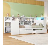 Cama 90x200 cm con escritorio, librería y 2 cajones - leds y toma de carga - mdf y contrachapado - blanco (sin colchón)