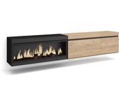 Mueble tv, televisión, 237x35x45cm, para tv gran formato, chimenea eléctrica xxl, colgado, suspendido, roble y negro