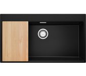 Primagran fregadero cocina negro 88x50cm, fregadero granito 1 seno + sifón + tabla de cortar, fregadero sobre encimera al mueble 90cm - oslo
