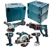 Makita 18v li-ion 5.0 ah taladro + atornillador + taladro de impacto + amoladora + sierra circular - dlx5039ptj