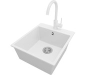 Primagran fregadero granito blanco 43x50cm, fregadero cocina 1 seno + grifo 32x20cm + sifón, fregadero sobre encimera al mueble 45cm - riga