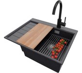 Primagran fregadero granito grafito 62x50cm, fregadero cocina 1 seno + sifón + accesorios, fregadero sobre encimera al mueble 45cm - sydney