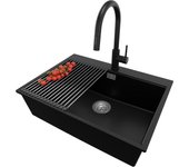 Primagran fregadero granito negro 68x50cm, fregadero cocina 1 seno + sifón + accesorios, fregadero sobre encimera al mueble 70cm - oslo