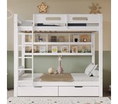 Litera 2 x 90 x 200 cm con 2 cajones y estantes abiertos - pino y mdf - blanco (sin colchón)