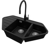 Primagran fregadero granito de esquina negro 90x50cm, fregadero cocina 1,5 senos + sifón + accesorios, fregadero sobre encimera al mueble 80cm