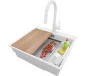 Primagran fregadero granito blanco 58x53cm, fregadero cocina 1 seno + sifón + accesorios, fregadero sobre encimera al mueble 60cm - oslo max