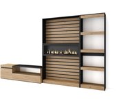 Muebles de salón para tv, 320x35x186cm, chimenea eléctrica, roble y negro
