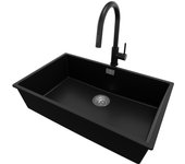 Primagran fregadero bajo encimera negro 76x47cm, fregadero granito 1 seno + grifo 40x22cm + sifón, fregadero cocina al mueble 80cm - london